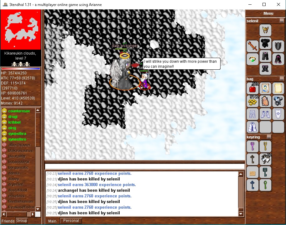 Killing the Dark Archangel solo; a level 500 final boss in "High Heaven" (Kik7). At my level (410), mega-potions for this are a good idea. To reach this point in Kik7, one must pass alternating Light &amp; Dark mini-bosses on a strict time limit, so having a full set of Light (Mithril &amp; Magic) and Dark (Black) armor with you is a good idea.