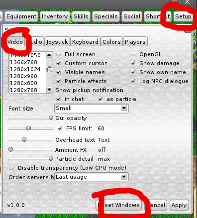 setup->video->reset windows->apply